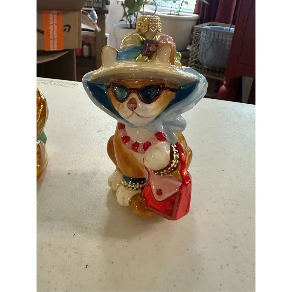 Holiday Christmas Cat Kitten Blown Glass Ornaments Set of 3